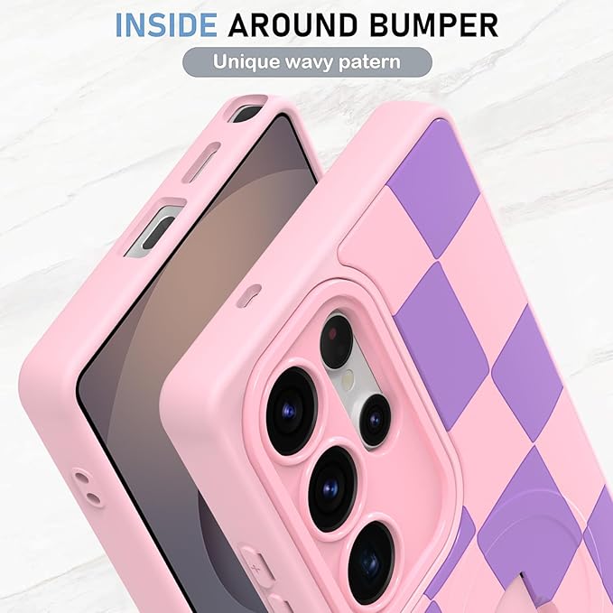 KANGHAR Compatible with Samsung Galaxy S25 Ultra Case, Support for MagSafe, Silicone Checkered Cute Pattern, Wristband Kickstand Camera Protection Soft Slim Cover for Girls Women -Pink
