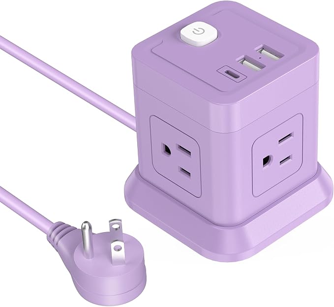 Cube Power Strip, FDTEK 4 Widely Spaced Outlet with 3 USB (1 USB C) Flat Plug Power Strips with Long Extension Cords Space Save Compact Portable for Travel Home Office Cruise (Purple) 5FT