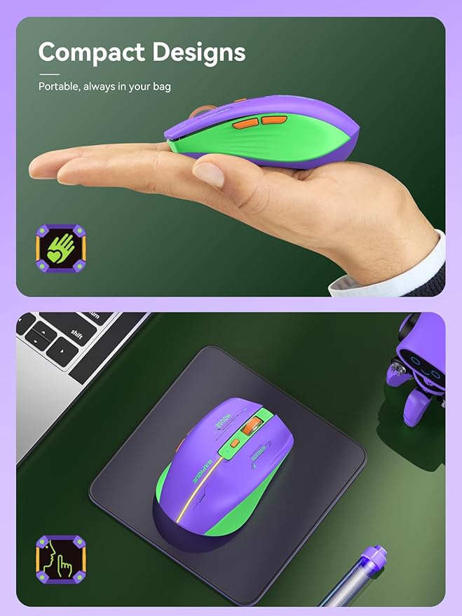 RAPIQUE Bluetooth Wireless Mouse - (BT1/BT2+USB Receiver) Dual Mode, Rechargeable, Quiet Click, Multi-Device Compatibility for Laptop, Computer, MacBook, Tablet (Purple and Green)