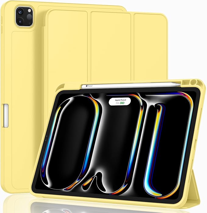 ZryXal New iPad Pro 13 Inch Case (M5) 2025 / (M4) 2024 with Pencil Holder, Smart iPad Case [Support Pencil Pro and Pencil (USB-C)], Support Touch ID and Auto Wake/Sleep (New Yellow)