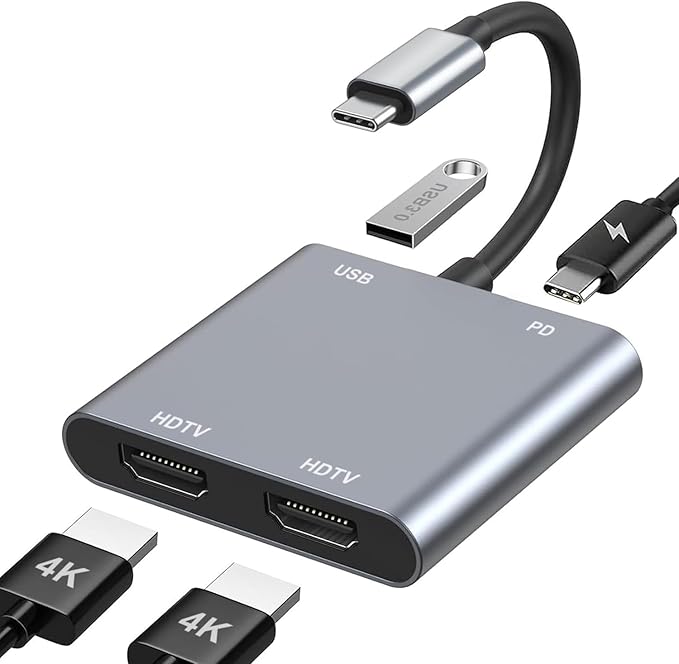USB C to Dual HDMI Adapter, 4K@60Hz HDMI Splitter for Dual Monitors with USB 3.0, 100W PD Charging, HDMI Splitter Extended Display for for MacBook Air/Pro, Dell XPS, HP, Surface, Chromebook