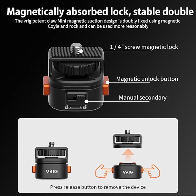 VRIG Magnetic Quick Release Mount Adapter with 1/4" Screw Thread for DJI Osmo Pocket 4 & Pocket 3,Insta360 X5/X4/X3,Xtra Muse,1/4" Screw Hole for Tripod, Monopod