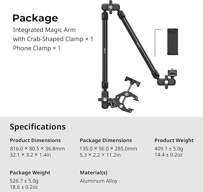 SmallRig 26" Magic Arm with Super Clamp, Overhead Phone Mount, Flexible Desk Camera Mount with 1/4" Screw and Cable Clip, Max Load 2.2lb, for iPhone, Action Camera, Video Light, Webcam, Mic - 5625
