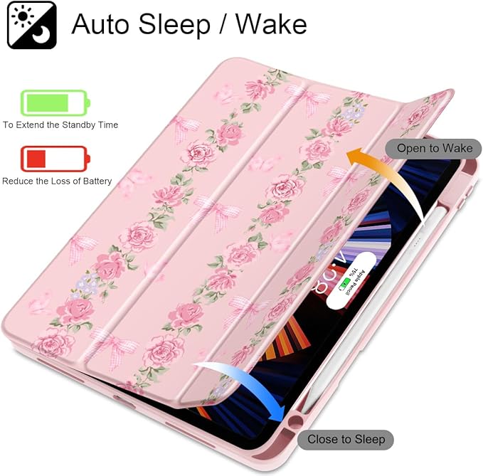 May Chen for iPad Pro 13 Inch Case M5 2025 / M4 2024, Built Pencil Holder & Clear Transparent Print Back Shell Slim Stand Shockproof Tablet Cover, Auto Wake/Sleep, Bow & Rose Flower