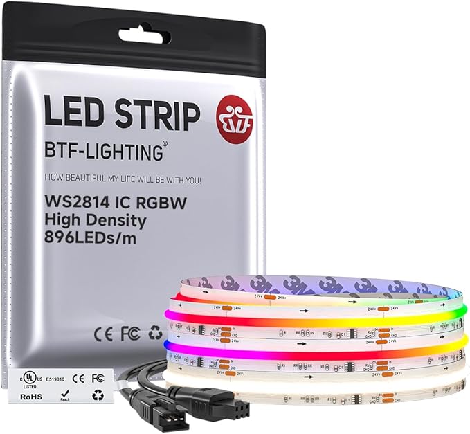 BTF-LIGHTING FCOB COB LED Strip WS2814 Smart IC RGBW 4000K, UL Listed 896LEDs/m High Density Color Chasing Uniform Light, DC24V 9.8FT 12mm Width for Home Party DIY Decor(No Adapter or Controller)