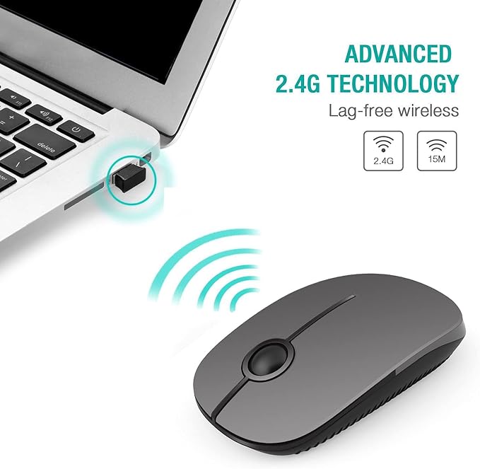 Unipows Wireless Mouse - 2.4G Slim Portable Computer Mouse with Nano Receiver, Less Noise Mobile Optical Mice for Notebook, PC, Laptop, Computer, Mac (Black and Grey)