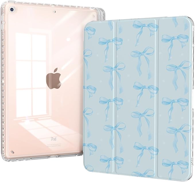 Case for iPad 10.2-inch 9th Generation (2021)/ 8th Generation (2020)/ 7th Gen (2020), Protective Slim Clear Back Cover with Pencil Holder, Trifold Sturdy Stand, Blue Bows