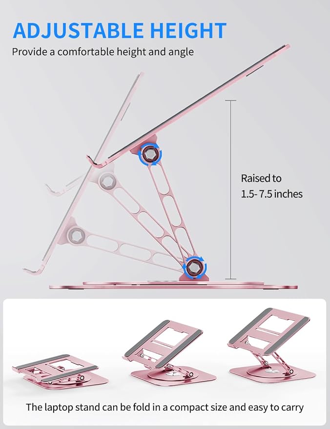 AOEVI Adjustable Laptop Stand with 360 Rotating Base, Computer Stand for Laptop Ergonimic Foldable Laptop Riser for Desk Compatible with MacBook Pro/Air Notebook up to 16 Inches,Pink