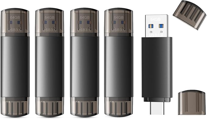 JOIOT 64GB USB C Flash Drive Dual USB 3.0 Flash Drive Type C + USB A Portable Type-C Flash Drive 2-in-1 USB-C Thumb Drive for Smartphone Tablet Computer Mac iPhone Black (5 Pack)