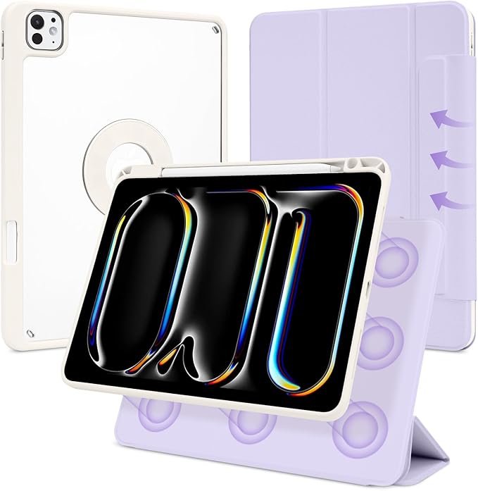 Case for iPad Pro 11 inch M5/M4 (2025/2024, 6th/5th Generation), Removable and Detachable Magnetic Cover with Pencil Holder, Vertical Adjustable Stand, Tri-Fold Multi-Angle, Lilac+White
