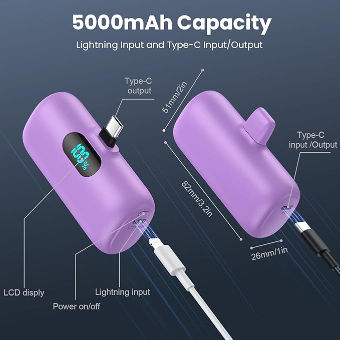 [2-Pack] Mini Portable Charger 5000mAh Power Bank,3A PD USB C Cell Phone Portable Power, LCD Display Battery Pack Compatible with iPhone 17/17 Air/16/16 pro/15/15 pro Max/Android/Samsung/Moto/LG etc