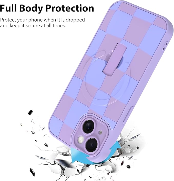 KANGHAR Compatible with iPhone 15 Case, Support for MagSafe, Silicone Checkered Cute Pattern, Wristband Kickstand Camera Protection Soft Slim Cover for Girls Women -Purple