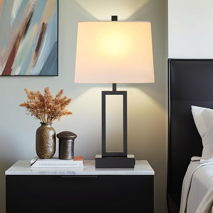 Touch Control Table Lamps with 2 USB Charging Ports & AC Outlets, 23" Tall Modern Nightstand Bedside Lamp for Bedroom, 3-Way Dimmable Metal Table Lamp with Fabric White Shade for Living Room End Table