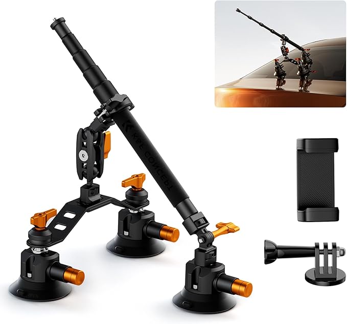 K&F CONCEPT Triple Suction Cup Car Mount for Camera, Heavy Duty 3-in-1 Kit with 15° Curved Surface Adjustment, Extension Pole & Phone Holder, Compatible with Insta360 X5/X4 GoPro DJI Action 5/4/3/2