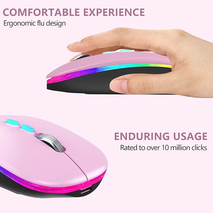 HOTLIFE LED Wireless Mouse, Slim Rechargeable Wireless Bluetooth Mouse, 2.4G Portable USB Optical Computer Mice with USB Receiver and Type C Adapter (Pink)