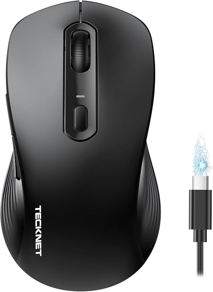 TECKNET Rechargeable Bluetooth Mouse, [ USB + BT5.0 + BT3.0 ] Wireless Mouse, Ergonomic Design, Silent Click, 6-Level 4800 DPI Wireless Mice, 3-Device Switching for Laptop, Computer, MacBook（Black）