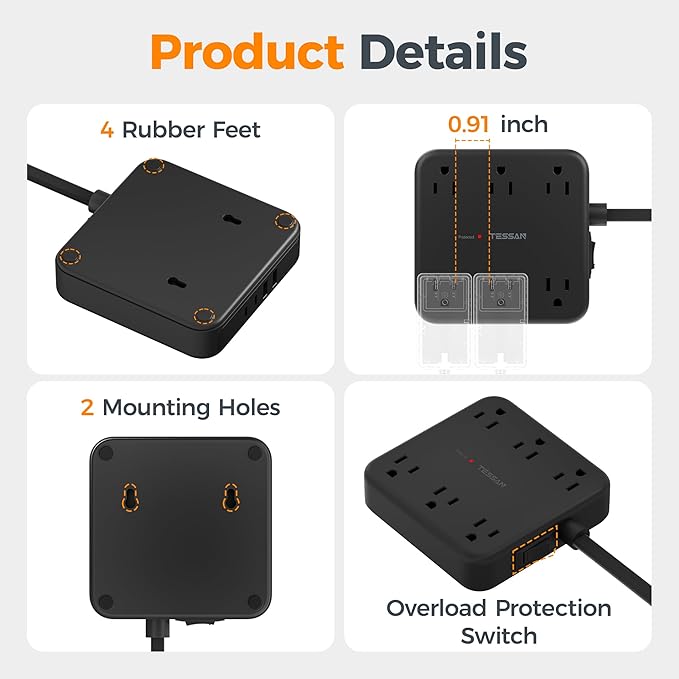 TESSAN 10Ft Black Extension Cord with Multiple Outlets, Surge Protector Power Strip with 6 Outlets and 4 USB Ports (2 USB C), 2100 Joules Protection, Flat Plug, Outlet Extender for Home, Office, Dorm