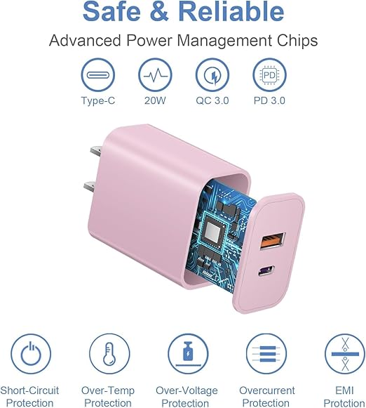 USB C Charger Block, iPhone 16/15 Charger Block [3 Pack] 20W Dual Port QC+PD 3.0 Power Adapter Multiport USB A Fast Charging Plug for Apple iPhone 16/16 Pro/16 Pro Max/16 Plus/15/14/13/12/11/iPad-Pink