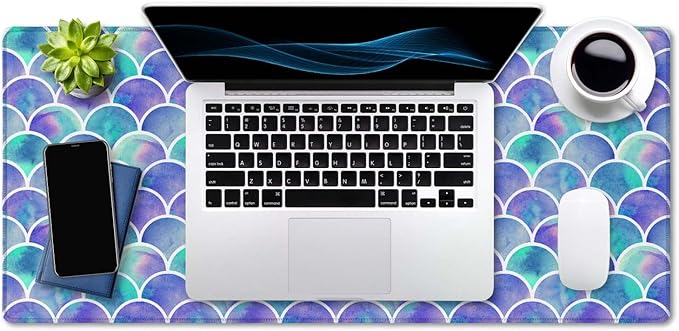 SSOIU Desk Mat, Extended Gaming Mouse Pad 35.5x15.7 in, Large Non-Slip Rubber Base Mousepad with Stitched Edges, Waterproof Keyboard Mouse Mat Desk Pad for Work, Game, Office -Watercolor Mermaid Scale