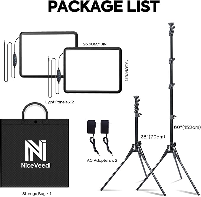 2-Pack Photography Lighting Kit, NiceVeedi 25W LED Video Light Kit, 2900-7000K Dimmable Studio Light with Tripod Stand, 73" Stream Light for Video Recording