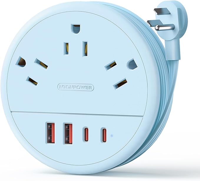 NTONPOWER Blue Travel Power Strip 20W, Travel Essentials, Cruise Essentials 3 Outlets 4 USB Ports(2 USB C), 4FT Wrapped Around Extension Cord for Travel Cruise Ship Beach Vacation Essentials