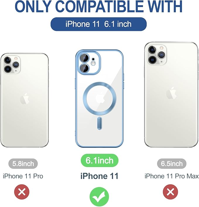 Hython Magnetic Clear for iPhone 11 Case with Camera Lens Protector [Compatible with MagSafe] Luxury Plating Edge Slim Soft TPU Cover Protective Phone Case for iPhone 11 6.1", Matte Light Blue