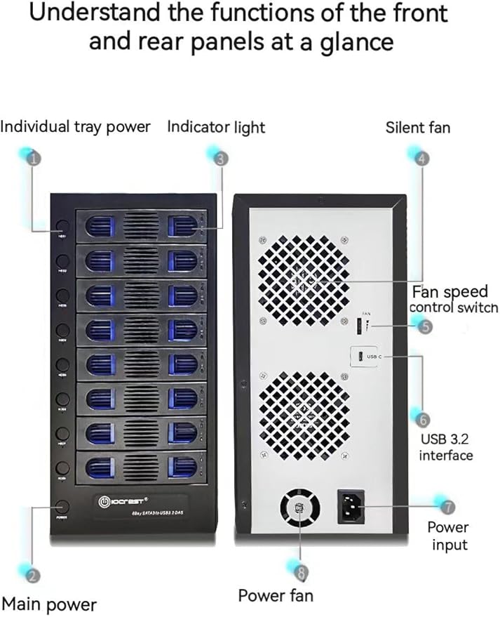 8 Bay Tool Less Tray Hot Swapable 2.5" and 3.5" SATA Hard Drive External USB-C 3.2 (10Gbps) Hard Drive Enclosure. Support up to 8X 22TB Capacity.