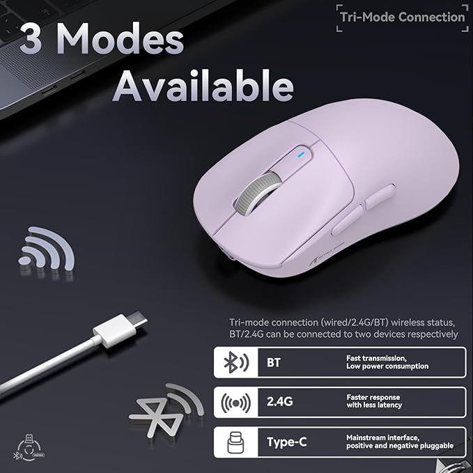 ATTACK SHARK X3 Wireless Gaming Mouse, 49g Ergonomic Computer Mouse, Triple Modes PAW3395 26K DPI Optical Sensor, 200h Battery Life, Programmable Buttons, Gaming Accessories for PC/Laptop/Mac (Purple)