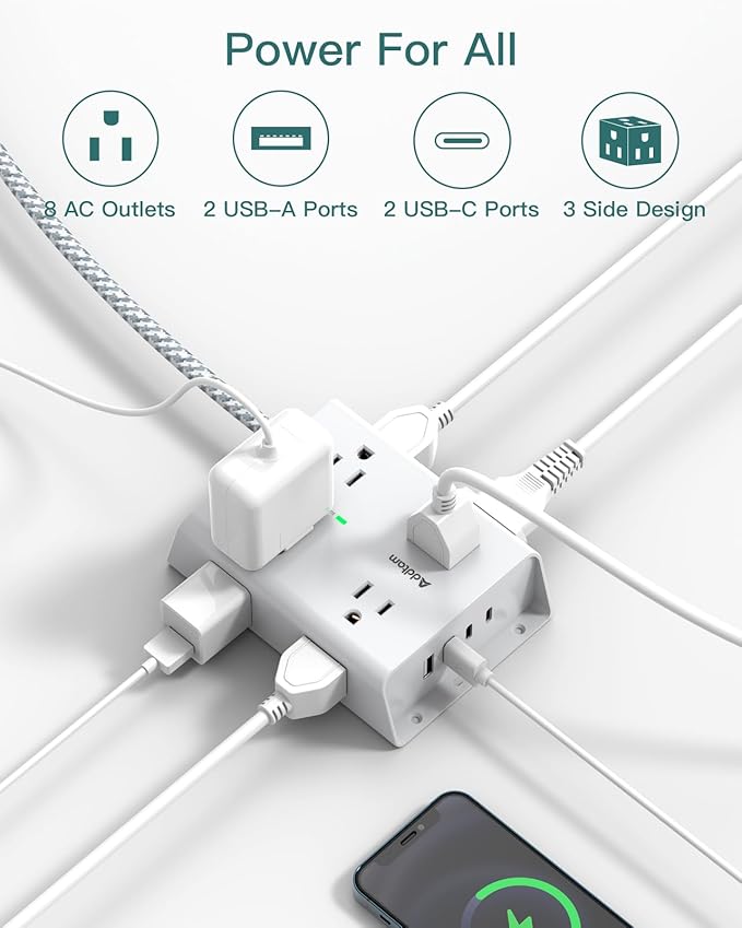 Addtam Surge Protector Power Strip, 8 Widely Outlets with 4 USB Ports (2 USB C), 5ft Extension Cord with Multiple Plug Outlets, 3 Side Outlet Extender, Flat Plug, Wall Mount, ETL, White