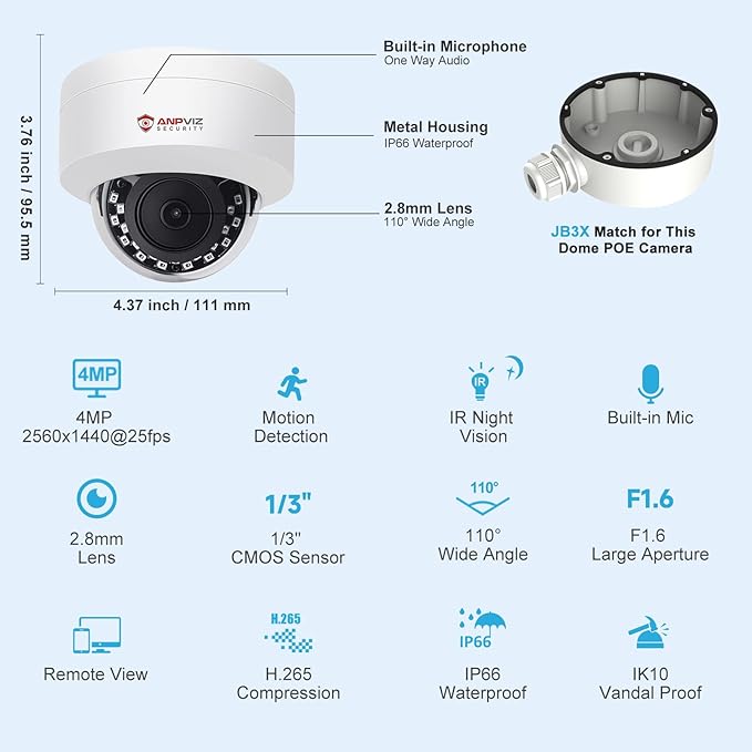 Anpviz 4MP PoE IP Dome Camera with Microphone/Audio, IP Security Camera Outdoor Indoor, 98ft Night Vision, IP66 Waterproof, 2.8mm Wide Angle Lens, 24/7 Recording, Not PTZ, NDAA,IPC-D240W-S (U Series)
