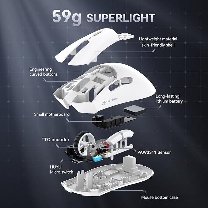 ATTACK SHARK X68 HE Wired Rapid Trigger Mechanical Gaming Keyboard and R1 Mouse with Adjustable Actuation,Coiled Cable,USB C/2.4Ghz Wireless/BT Ultralight 18K DPI Mice for Esport Gamer(White Contour)