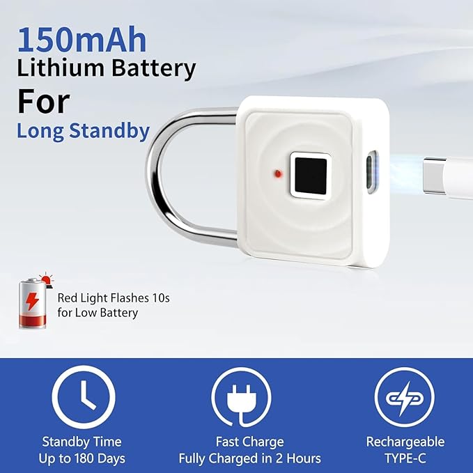 UMIKSMART Biometric Smart Lock, Keyless Fingerprint Padlock with USB Charging, Smart Lock Gift for Students, Gym Lockers, School Lockers, Luggage, Storage Boxes, Fences, Backpacks, Cabinets