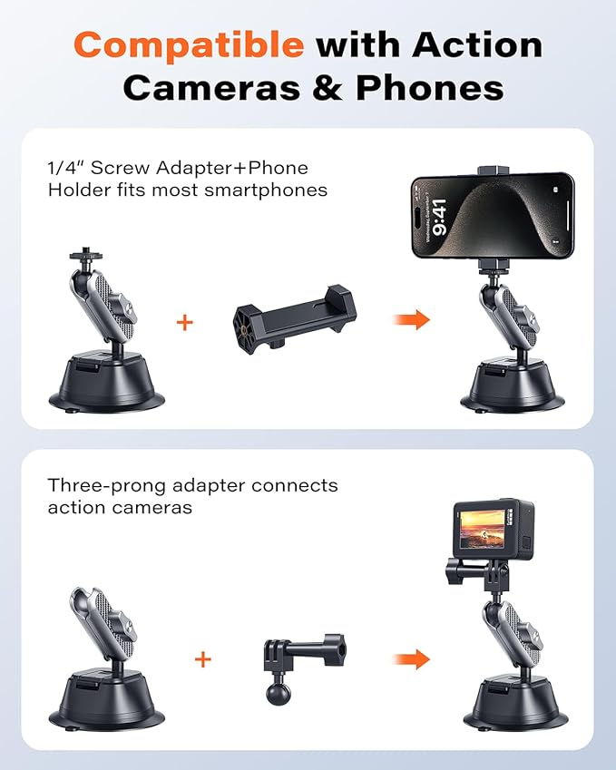A2C Suction Cup Mount for Gopro iPhone, Anti-Shake Metal Arm Car Camera Mount with 1/4 Thread & Phone Holder, Car Boat Windshield Window VLOG/Video Holder for Gopro Hero Insta360 DJI Action Camera