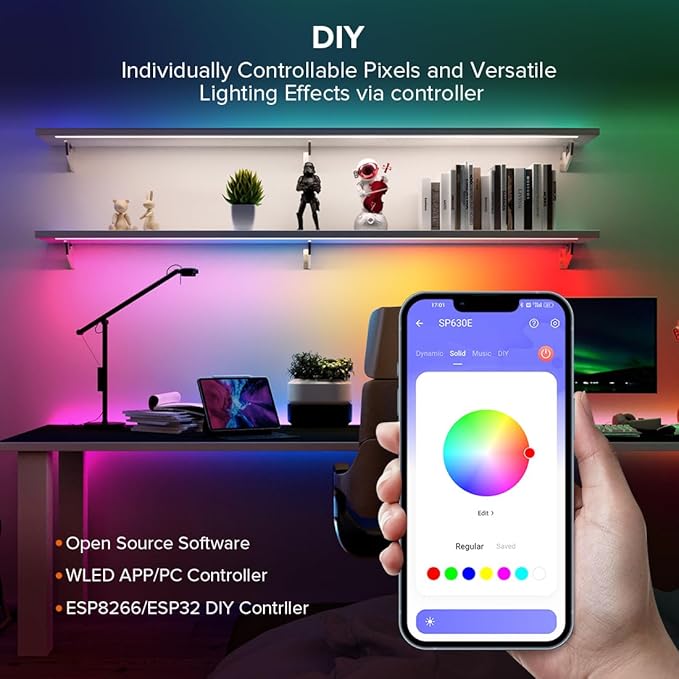 SEZO WS2812B ECO LED Strip Light 16.4FT/5M 60Pixels/m 300Pixels Individually Addressable Programmable 5050SMD Digital RGB Alloy Wires Flexible Dream Color IP65 Waterproof PCB Black DC5V