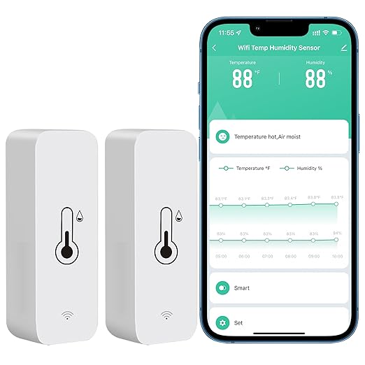 Tuya Smart Wireless Battery Powered Humidity and Temperature Sensor, Free Data Storage Export, Long-Lasting for Home/Basement/Baby Room, Alexa Compatible, Real-Time Alerts via App (2 Pack)