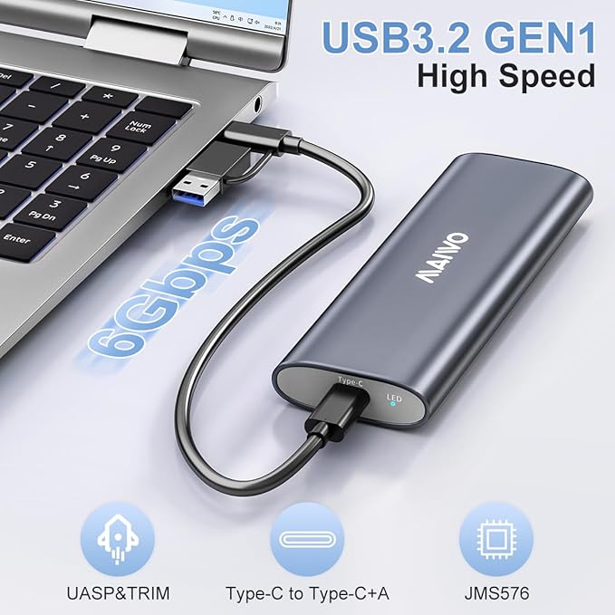 MAIWO M.2 SATA SSD Enclosure, USB3.2 Gen1 Type-C to SATA NGFF Based M.2 Solid State Drive Adapter Reader, Support B Key B+M Key, Aluminum (K1689S)