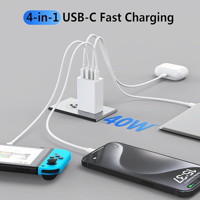 2Pack USB C Charger Block, 40W Fast USB C Wall Charger 4-Port PD Power Adapter + QC Wall Plug Multiport Type C Charging Block Cube for iPhone 17 16 15 Pro Max XR XS 8 7, iPad, Galaxy, Tablet - White
