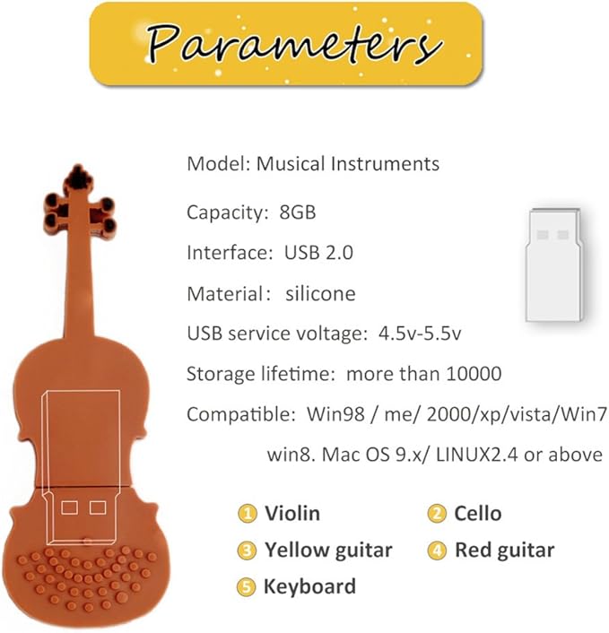 5x8GB USB Flash Drive Musical Instruments USB 2.0 Memory Stick Pendrive(Yellow Guitar,Red Guitar,Cello,Violin,Piano)