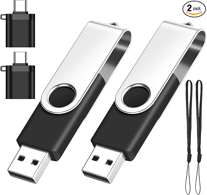 2- Packs of 32GB USB Flash Drive with Type C Adapter, USB2.0 High Speed 360° Metal Thumb Drive USB Stick for Storage Data (2Pack, 32GB, 2 Adapters)