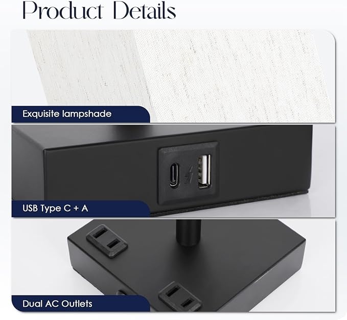 Bedside Table Lamps Set of 2 - Touch Nightstand Lamp for Bedroom with USB C+A Charging Ports & AC Outlets, 3-Way Dimmable Desk Lamp Flaxen Fabric Shade for Living Room Office(Bulb Included)