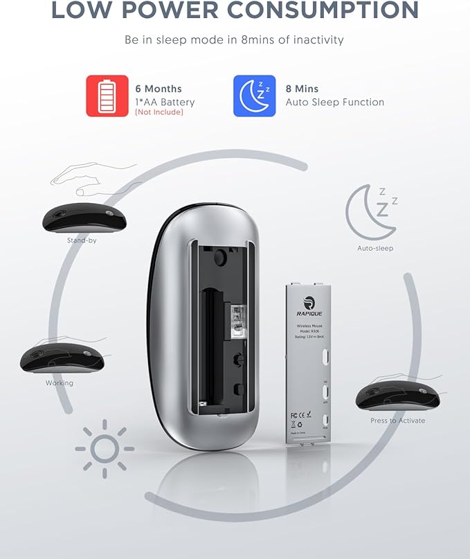 RAPIQUE Bluetooth Wireless Mouse - (BT5.1+USB) Slim Dual Mode Computer Mice with Quiet Click, Low Power, and 1600 DPI, Portable Mouse for MacBook, Laptop, iPad Pro/Air, Surface Pro (Black)