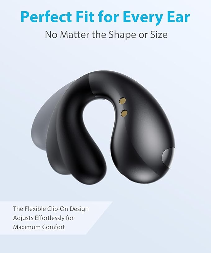 Boytond Ultra Open Ear Earbuds - Comfortable Clip-On Bone Conduction Earbuds, Over-The-Ear Open Headphones with Waterproof Build for Running, Gym Workouts, and Outdoor Sports, Classic Black