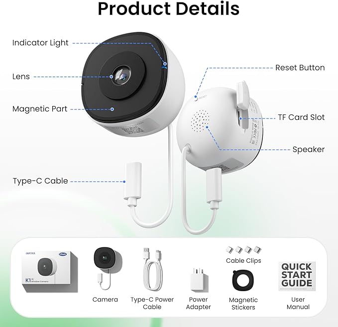 INFIYA 2K No Drill Window Camera-2 Pack 2.4Ghz & 5Ghz WiFi Dome Cameras for Home Security for Indoor & Outdoor Monitoring, Color Night Vision, Human Detection, 24/7 Recording, Ideal for Apartment, K1