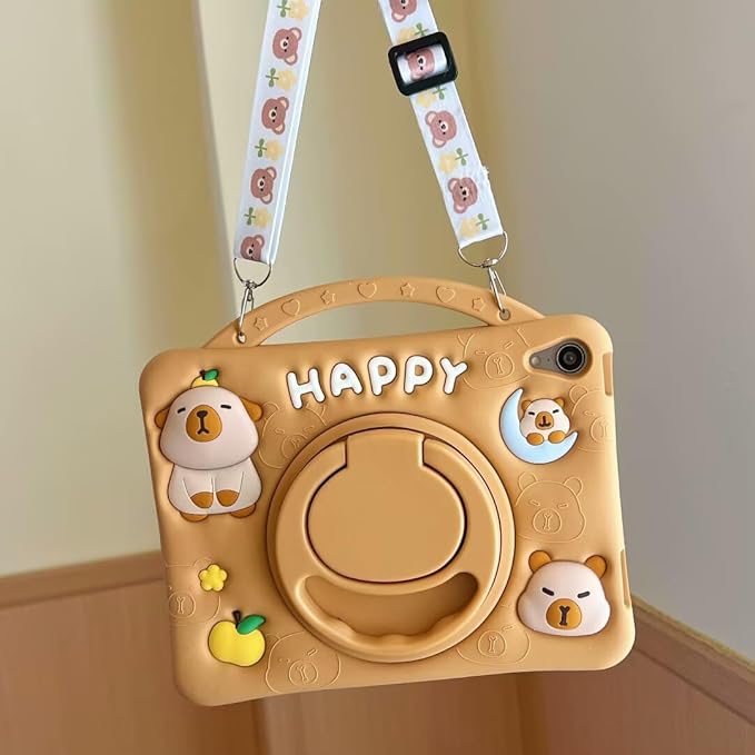 3D Cute Press Capybara Case for iPad mini 7 (A17 Pro) 2024/Mini 6 2021 8.3 inch,Kawaii Cartoon Character Capybara Soft Silicone Rotating Stand Case with Lanyard for Kids Teens Girls Women