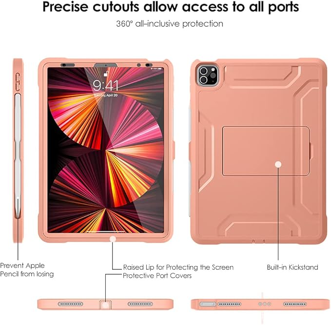 DTTO for iPad Pro 11 inch Case 2022(4th Gen)/2021(3rd Gen), [Screen Protector] Dual Layer Full Body Protection Cover with Pencil Holder, Also Fit iPad Pro 11'' 2020&2018/iPad Air 5/Air 4 - Pink