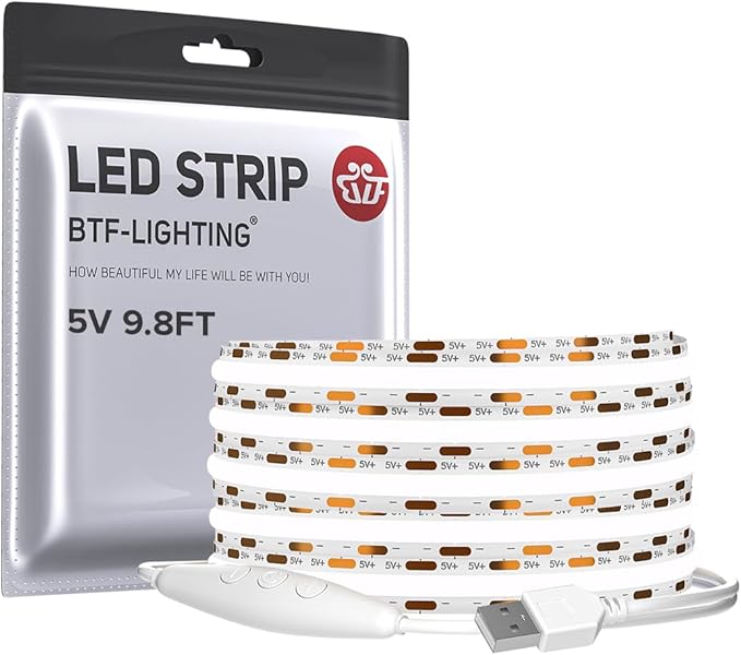 BTF-LIGHTING FCOB COB FOB LED Strip Lights 5V USB Powered 9.8FT 960LEDs Cool White 6000K 8mm Width Dimmable CRI 90+ with 3M Tape Flexible High Density for 3D Printer TV Backlight PC DIY Decor