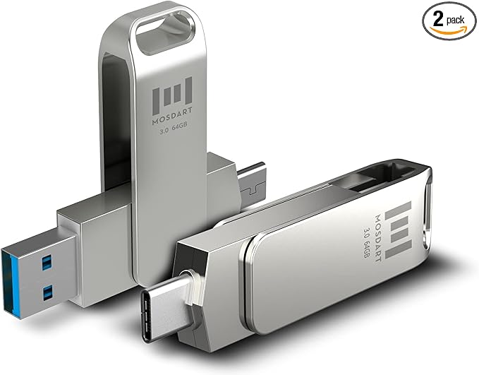 MOSDART 64GB USB C 3.2 Fast Speed C and A Dual Flash Drive, exFAT Memory Stick with Keychain Loop, for iPhone 15,16,17, Android Phone, iPad, MacBook, Silver(Pack of 2)