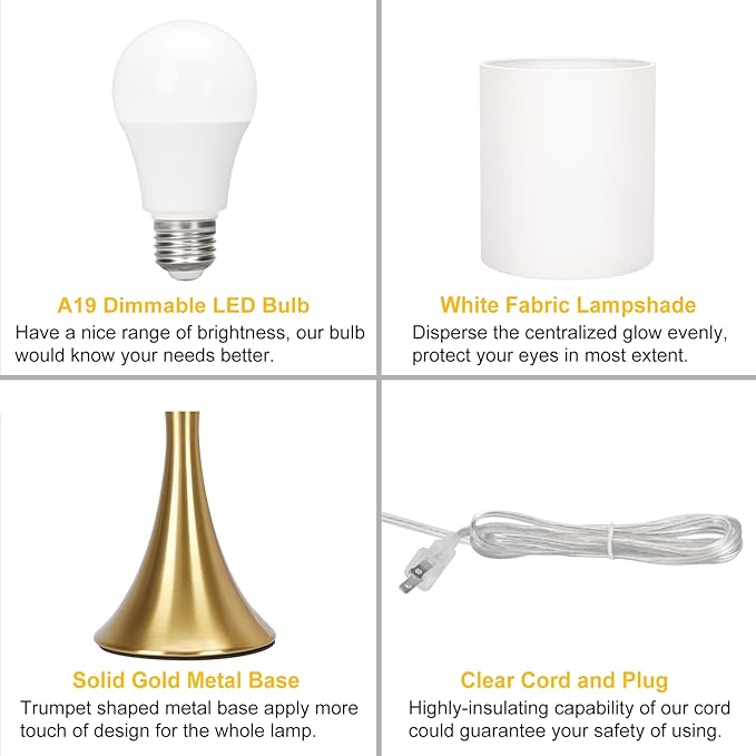Gold Bedside Lamp Touch Control Table Lamp for Bedroom, 3-Way Dimmable Nightstand Lamp with White Shade, Modern Table Lamp for Living Room, Minimalist Desk Lamp for Dorm, Home, Office, Bulb Included