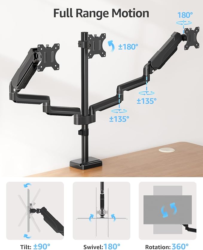 MOUNTUP Triple Monitor Stand Mount - 3 Monitors Desk Mount for Computer Screens Up to 27 inch, Triple Monitor Arm, Heavy Duty Monitors Stand, Each Arm Holds 4.4-19.8 lbs, Black