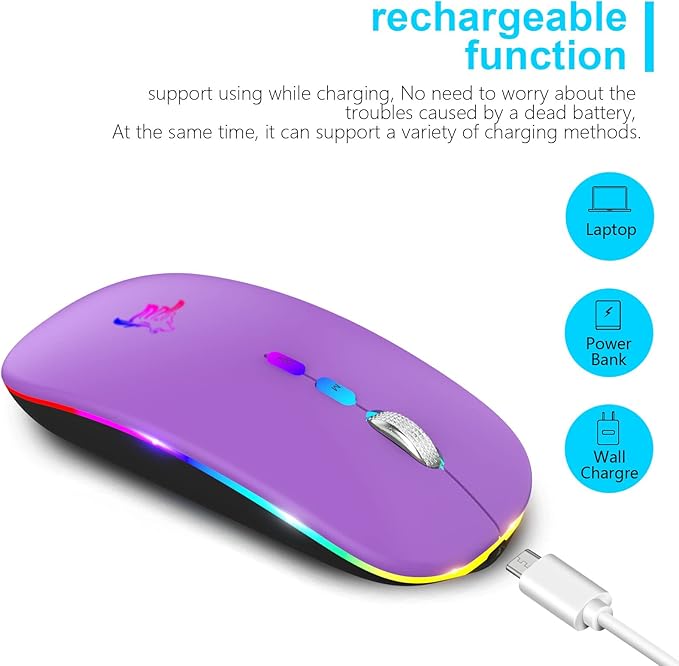 HOTLIFE Wireless Bluetooth Mouse, Slim Rechargeable LED Mouse, 2.4G Portable USB Optical Mouse with Type C Adapter, Purple
